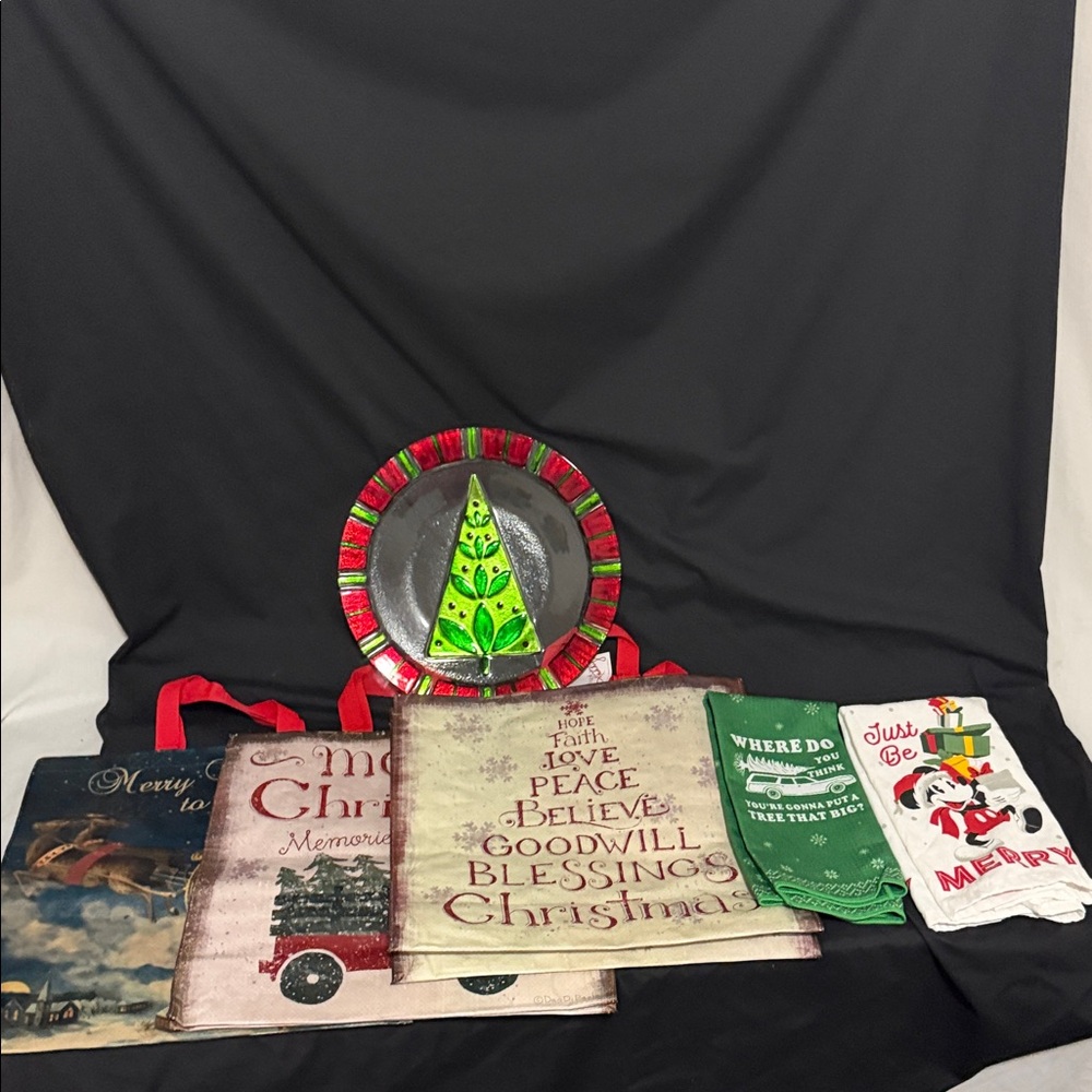 Christmas Glass Plate, Towels, & Beautiful Christmas Bags for Christmas Gifts.